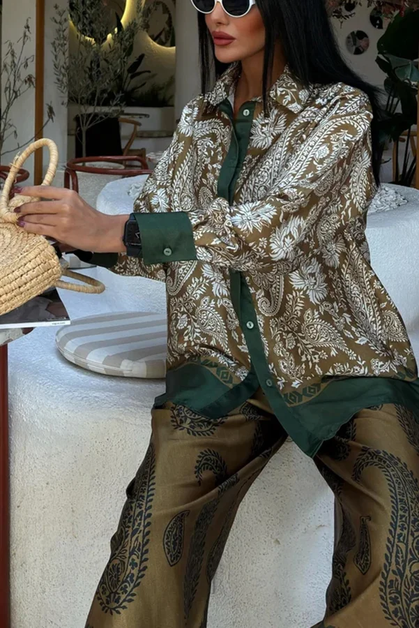 Naya Satin Contrast Color Paisley Long Sleeve Shirt and Elastic Waist Pocketed Pants Set - Fashionpara