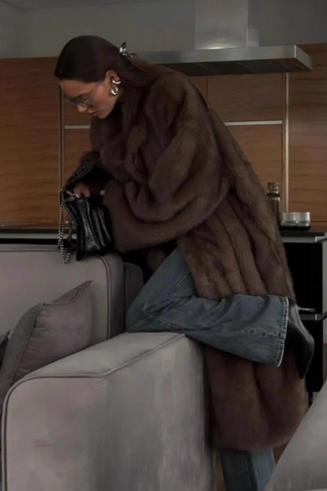 Retro Faux Fox Fur Notched Lapel Long Overcoat - Fashionpara