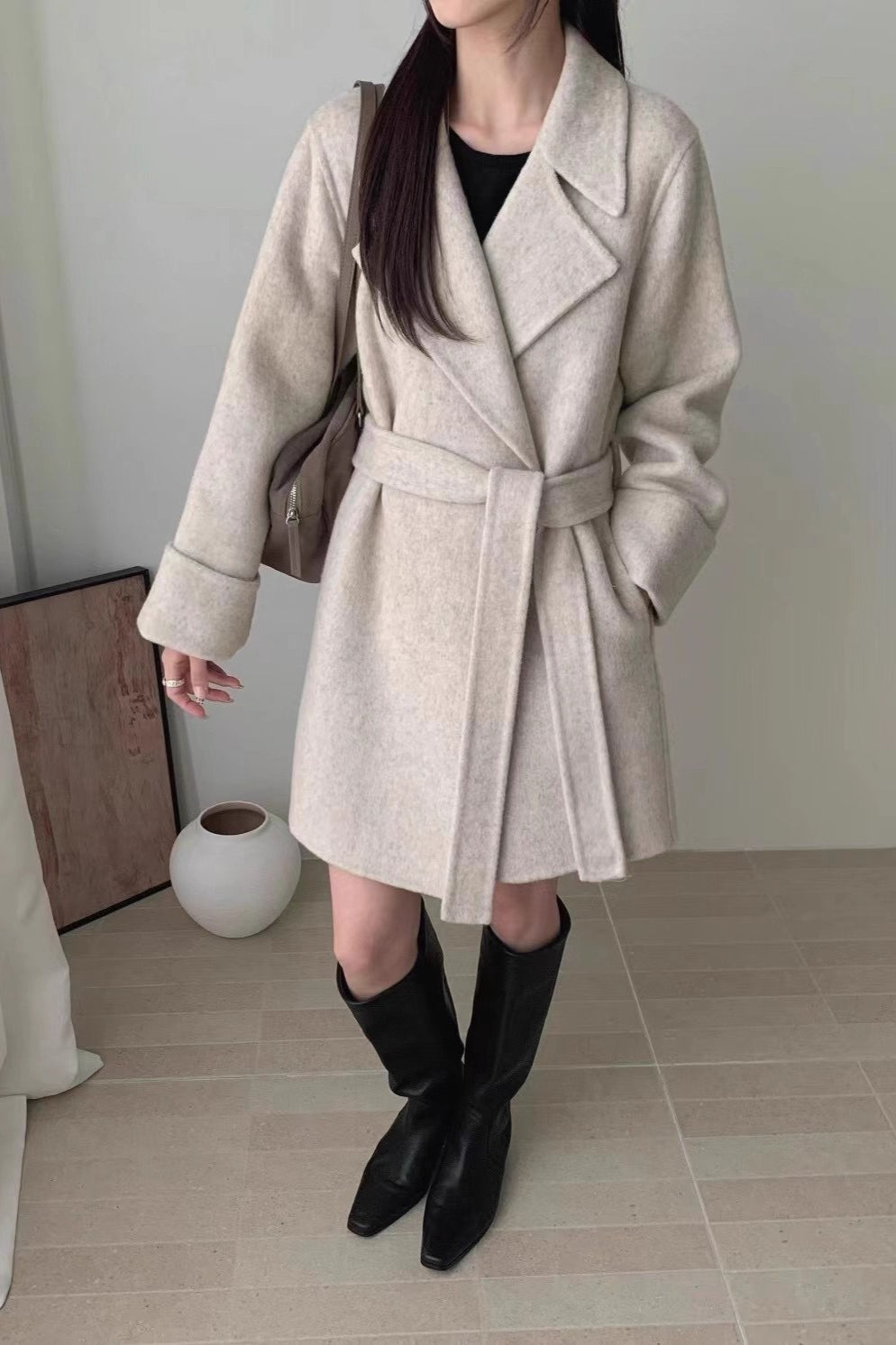 Double-Face Wool Long Hepburn Coat for Elegant Style