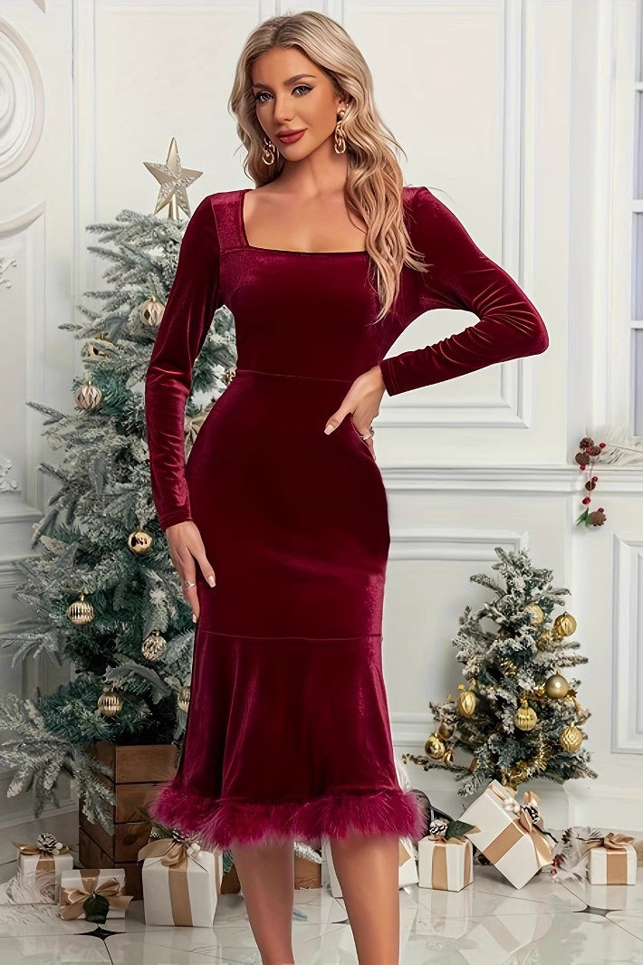 Festive Long Sleeve Formal Elegant Velvet Dress - Fashionpara