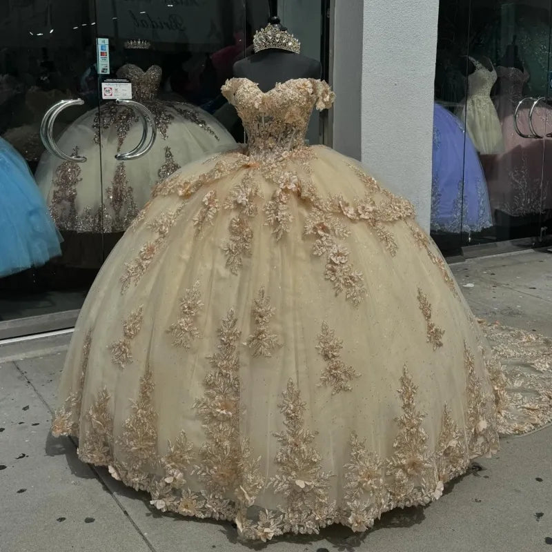 Champagne Off the Shoulder Ball Gown Applique Quinceanera Dress with Train - Fashionpara