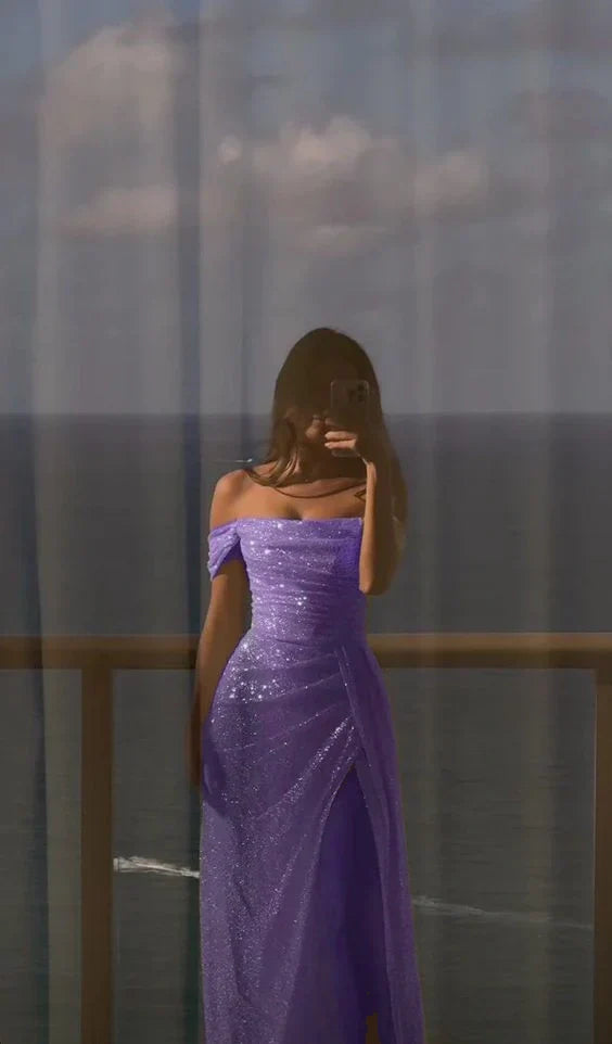 Off Shoulder White Sequin Side Slit Long Evening Prom Dresses, Sequin Wedding Dresses