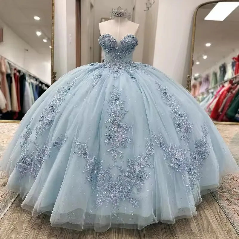 Sparkly Light Blue Quinceanera Dress Cape Flower Lace Vestidos de 15 Anos Birthday Party Princess Ball Gown - Fashionpara