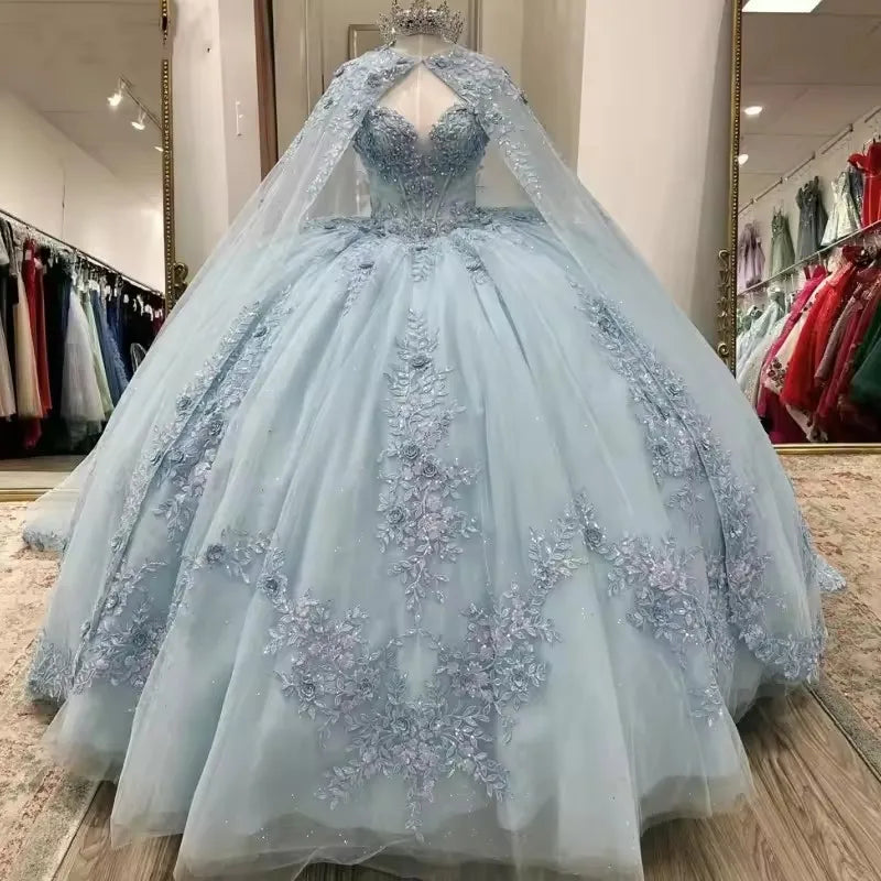 Sparkly Light Blue Quinceanera Dress Cape Flower Lace Vestidos de 15 Anos Birthday Party Princess Ball Gown - Fashionpara