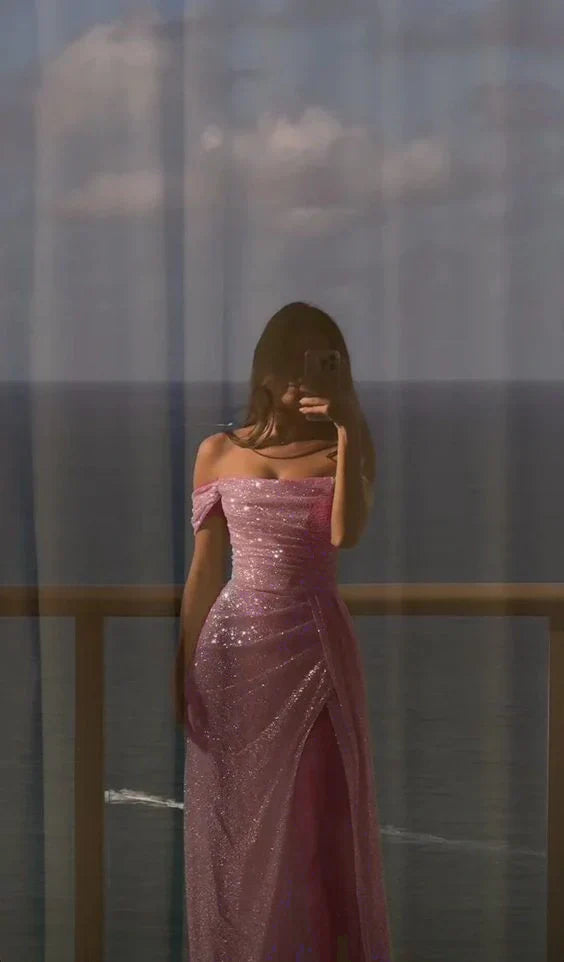 Off Shoulder White Sequin Side Slit Long Evening Prom Dresses, Sequin Wedding Dresses