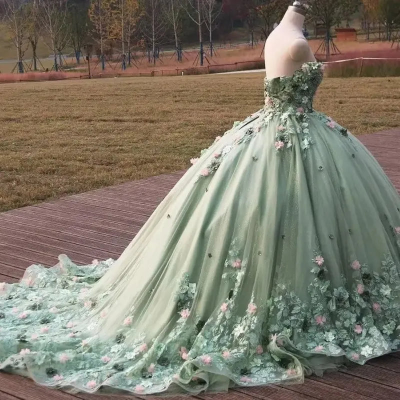 Sage Green Quinceanera Dress Off-Shoulder Applique Lace Beaded Tulle Ball Gown for Sweet 16 & 15 - Fashionpara
