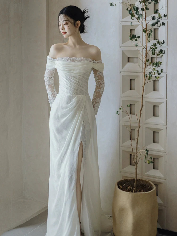 Off Shoulder Lace Long Wedding Dress Evening Party Dresses