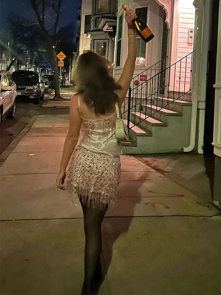 Fashion Sequin Tassel Pink Short Evening Dress Cocktail Dresses Short Party Dress - Fashionpara