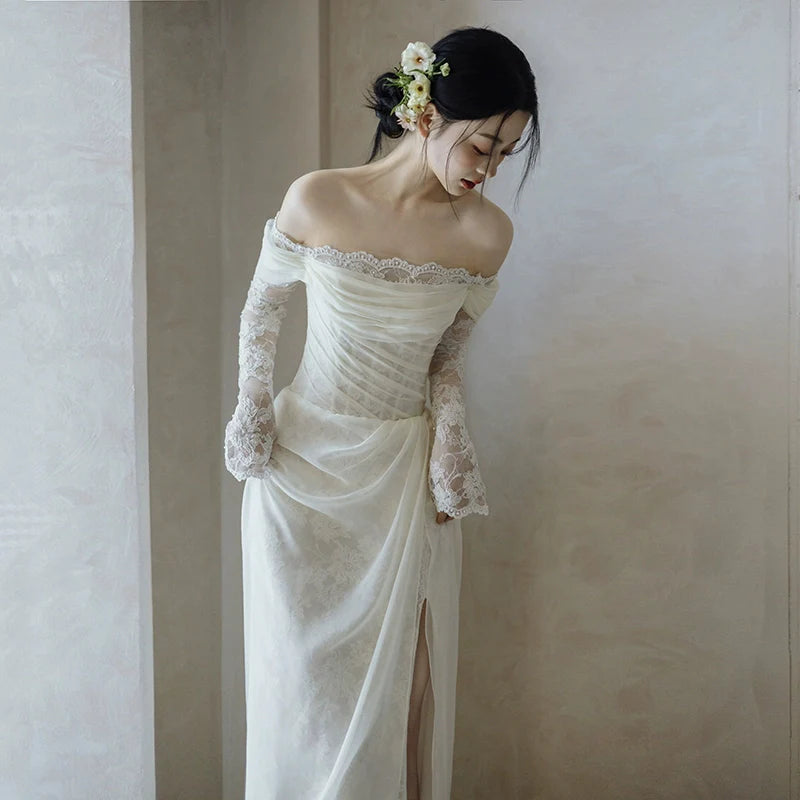 Off Shoulder Lace Long Wedding Dress Evening Party Dresses