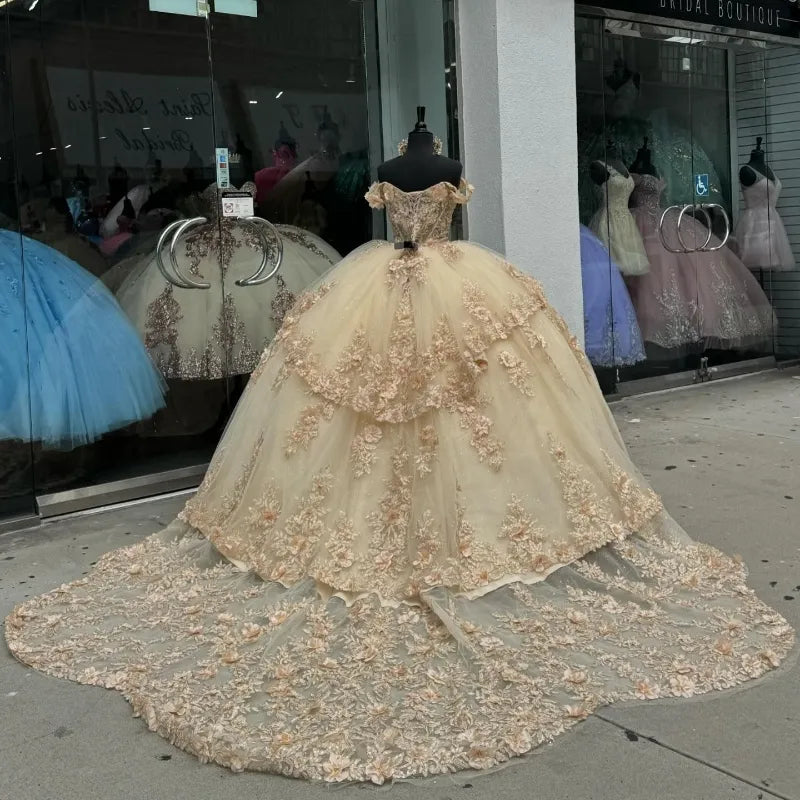 Champagne Off the Shoulder Ball Gown Applique Quinceanera Dress with Train - Fashionpara