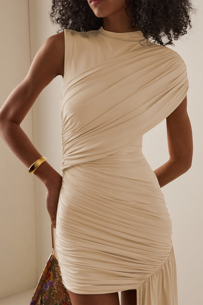 High-Neck Sleeveless Ruched Asymmetric-Drape Bodycon Mini Dress
