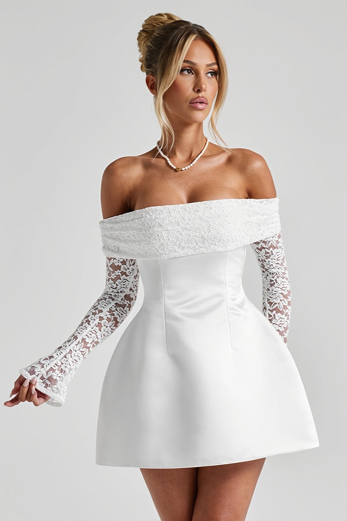 Off Shoulder Lace Long Sleeve Fit and Flare Mini Dress