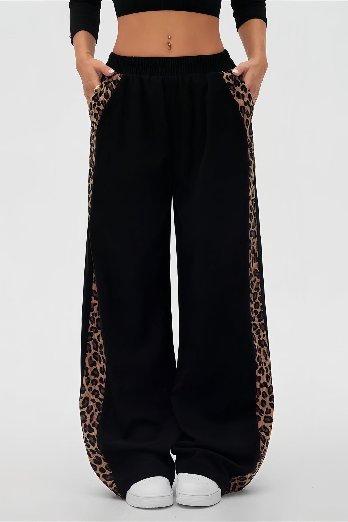 Leopard Side Stripe Wide Leg Pants