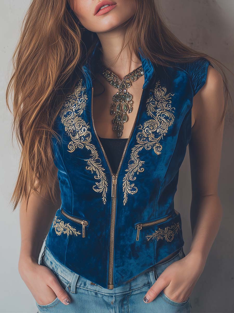 Zippered Boho Royal Blue Embroidered Velvet Vest - Fashionpara