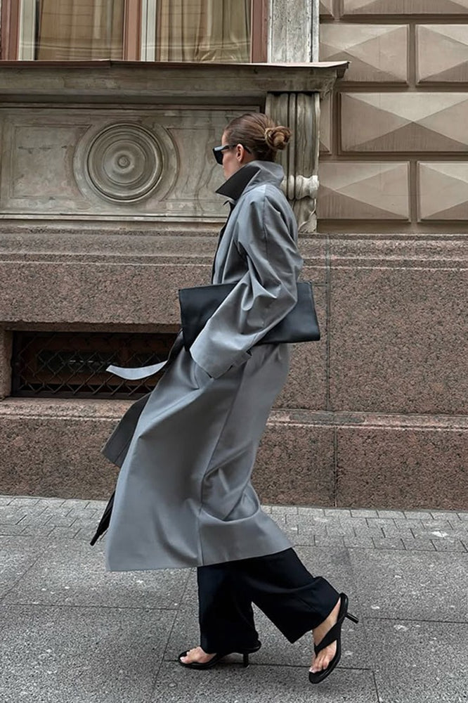 Elegant Solid Color Belted Long Overcoat for Chic Style