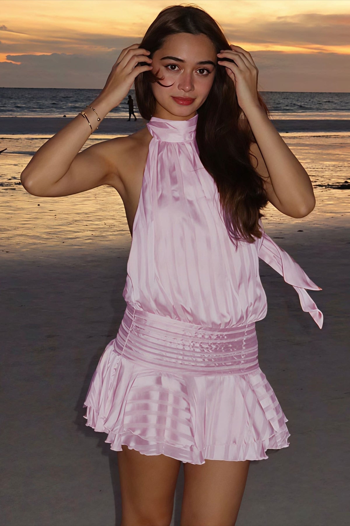 Satin Halter Neck Ruched Ruffle Hem Mini Dress - View 8