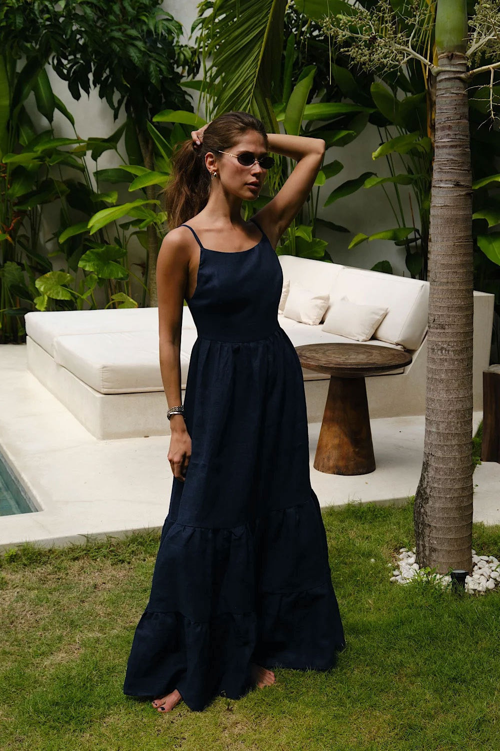 Spaghetti Strap Backless Ruffle Maxi Dress