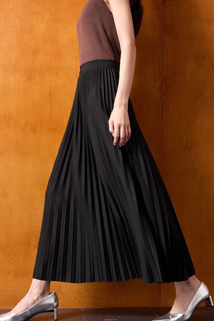 Vintage High-Waist Knit Pleated Midi Skirt