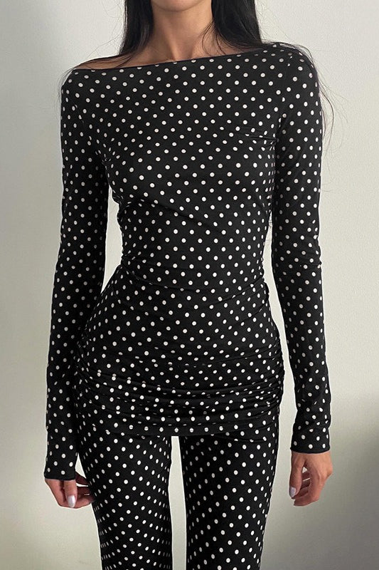 Polka Dot Vintage Off-Shoulder Long Sleeve Flare Two Piece Set