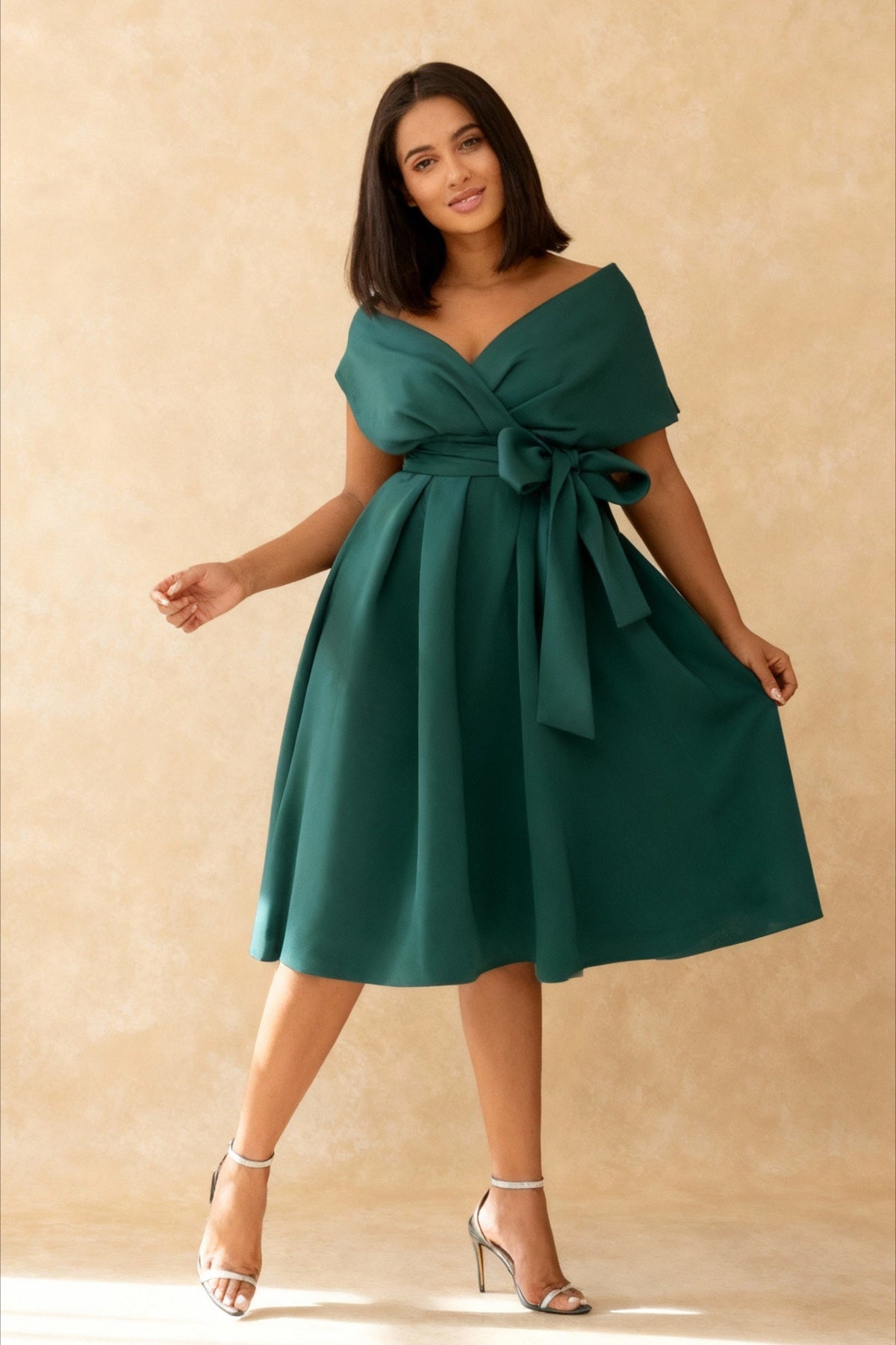 Off-Shoulder Portrait Collar Belted A-Line Midi Dress