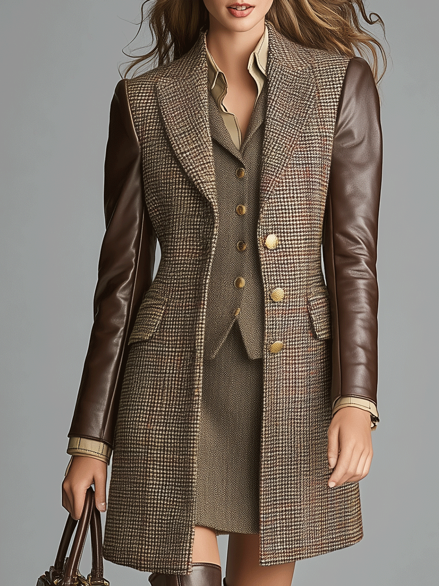 Classic Tweed And Leather Contrast Coat - Fashionpara