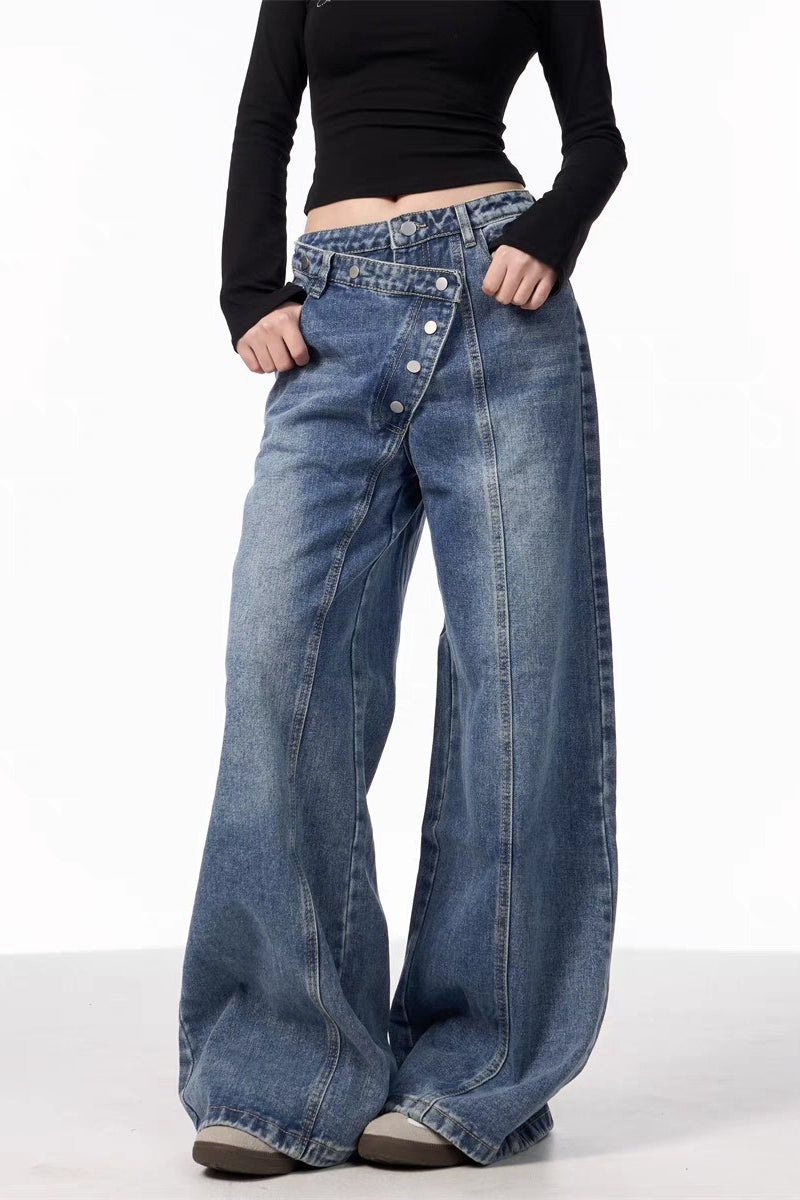 Asymmetrical Button Wide Leg Jeans