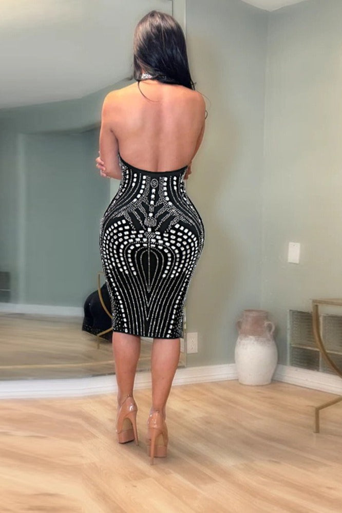 Rhinestone Embellished High-Neck Bodycon Midi Dress 2