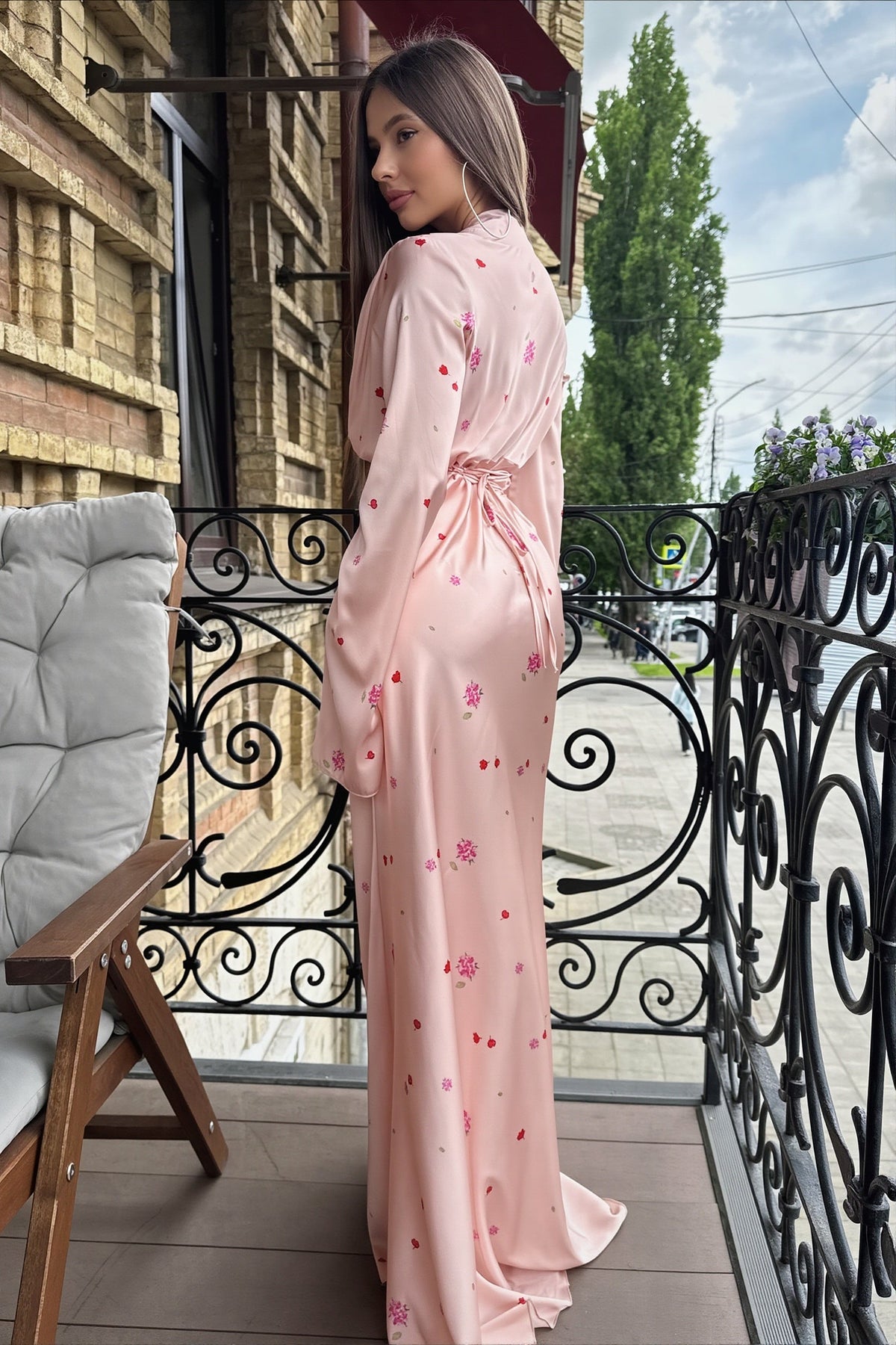Floral Satin V-Neck Long Sleeve Maxi Gown