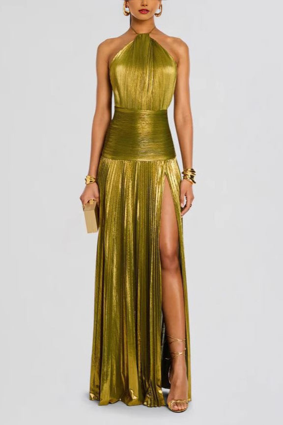 Metallic Halter Neck Pleated High Split Maxi Dress - View 3