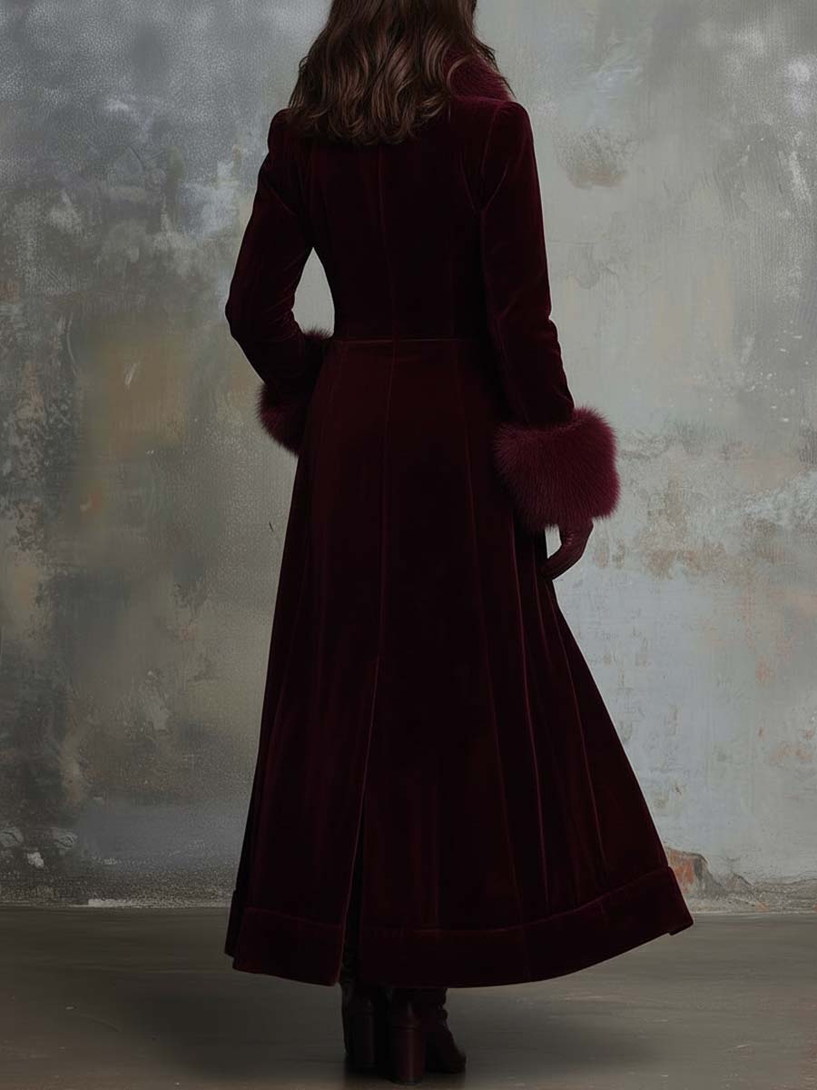 Velvet Long Coat With Faux Fur Collar & Cuffs – Burgundy Wine
