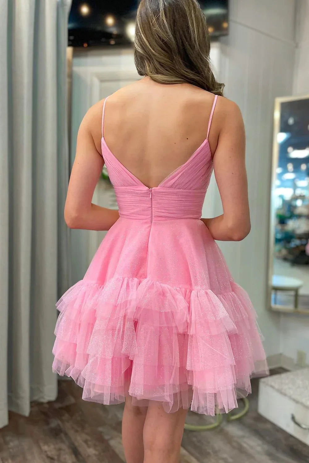 A Line Pink Tulle Short Homecoming Dress Spaghetti Straps with Ruffles - Fashionpara
