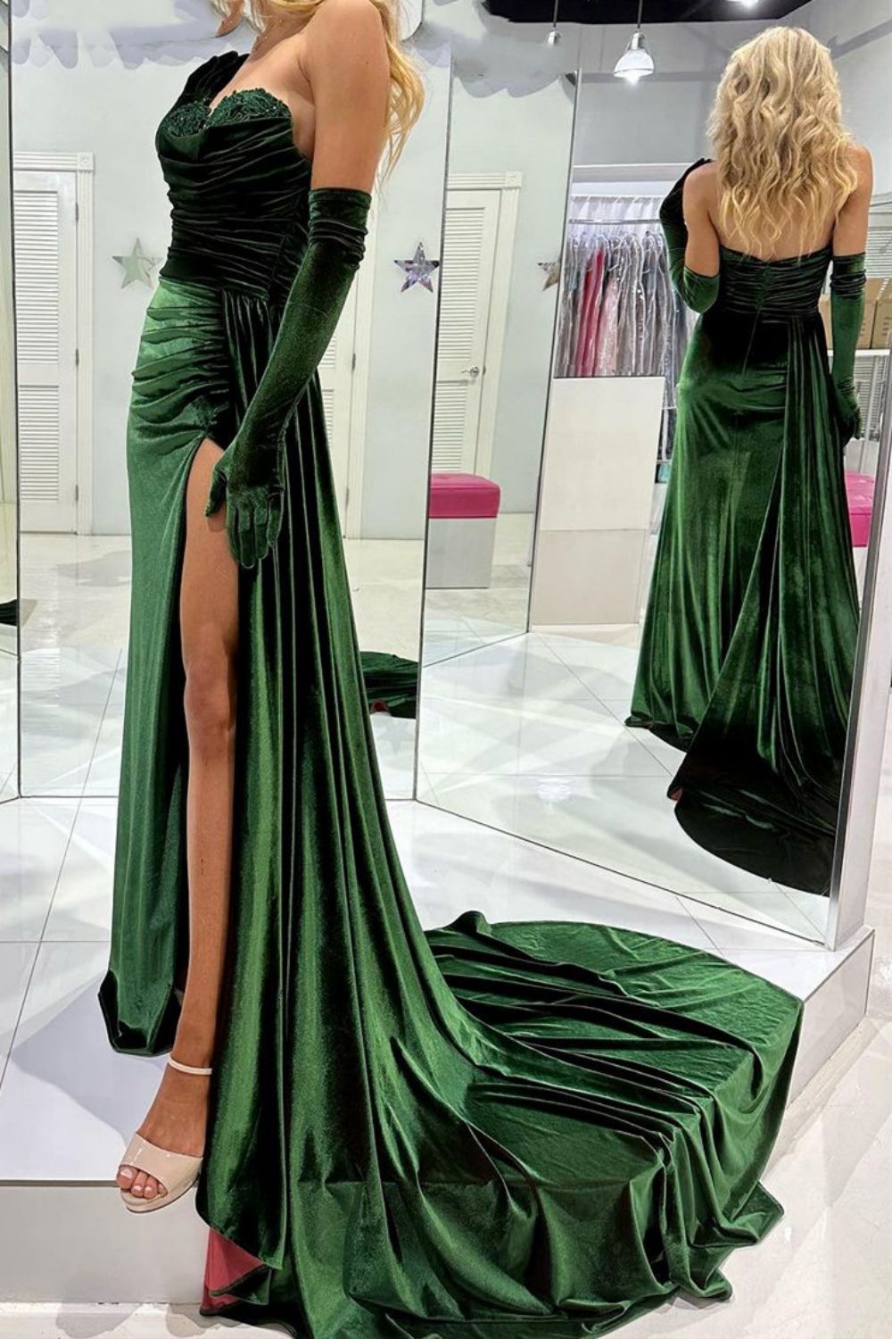 Stylish Mermaid Sweetheart Dark Green Velvet Prom Dress with Split Front