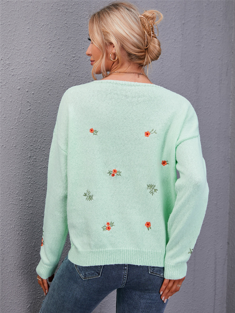 RadyRin V-Neck Plus Size Floral Embroidered Sweater
