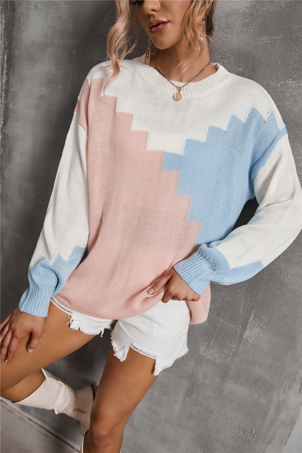 RadyRin Parchwork Round Neck Loose Knit Sweater for Comfort