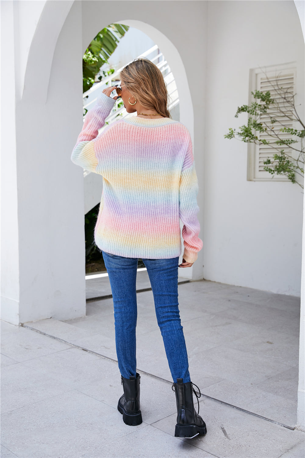 RadyRin Rainbow Patchwork V-Neck Sweater for Stylish Comfort