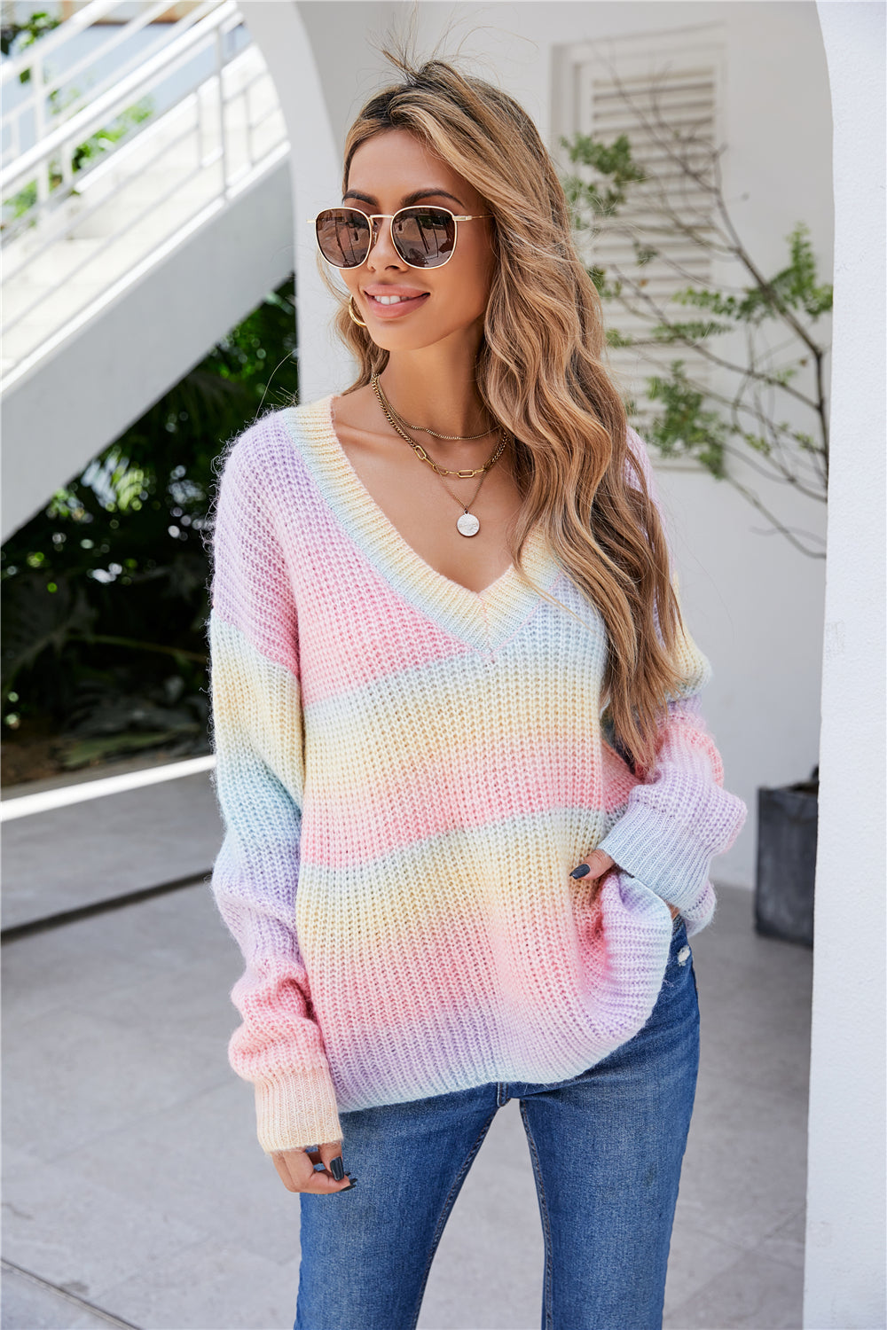 RadyRin Rainbow Patchwork V-Neck Sweater for Stylish Comfort