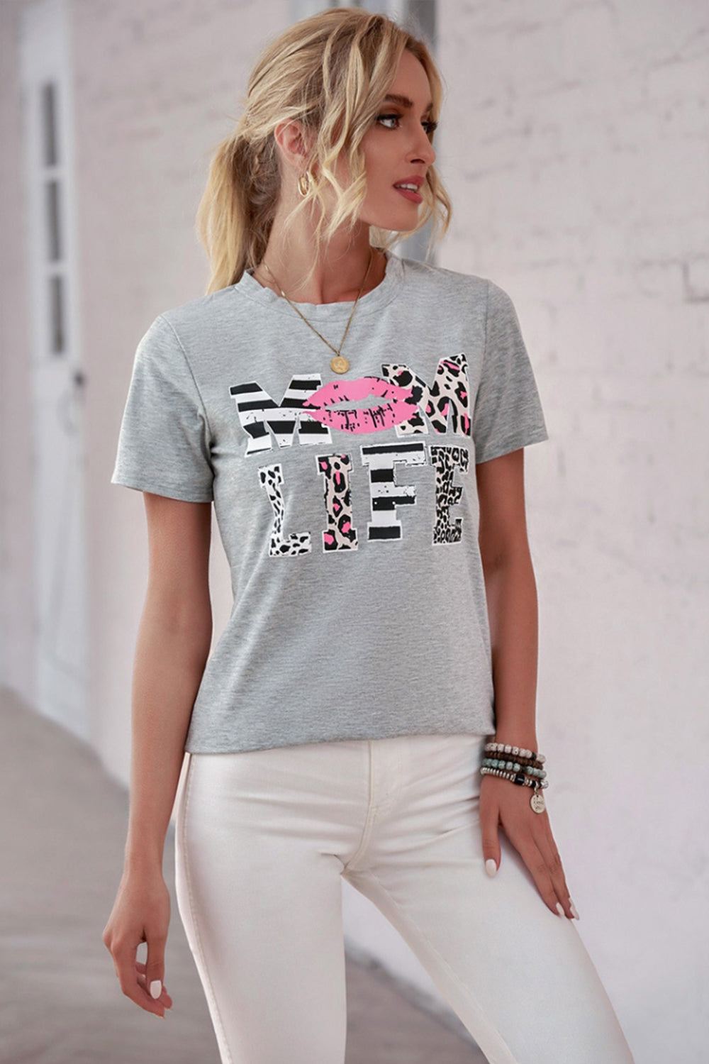 Letter Lip Print Round Neck T-Shirt