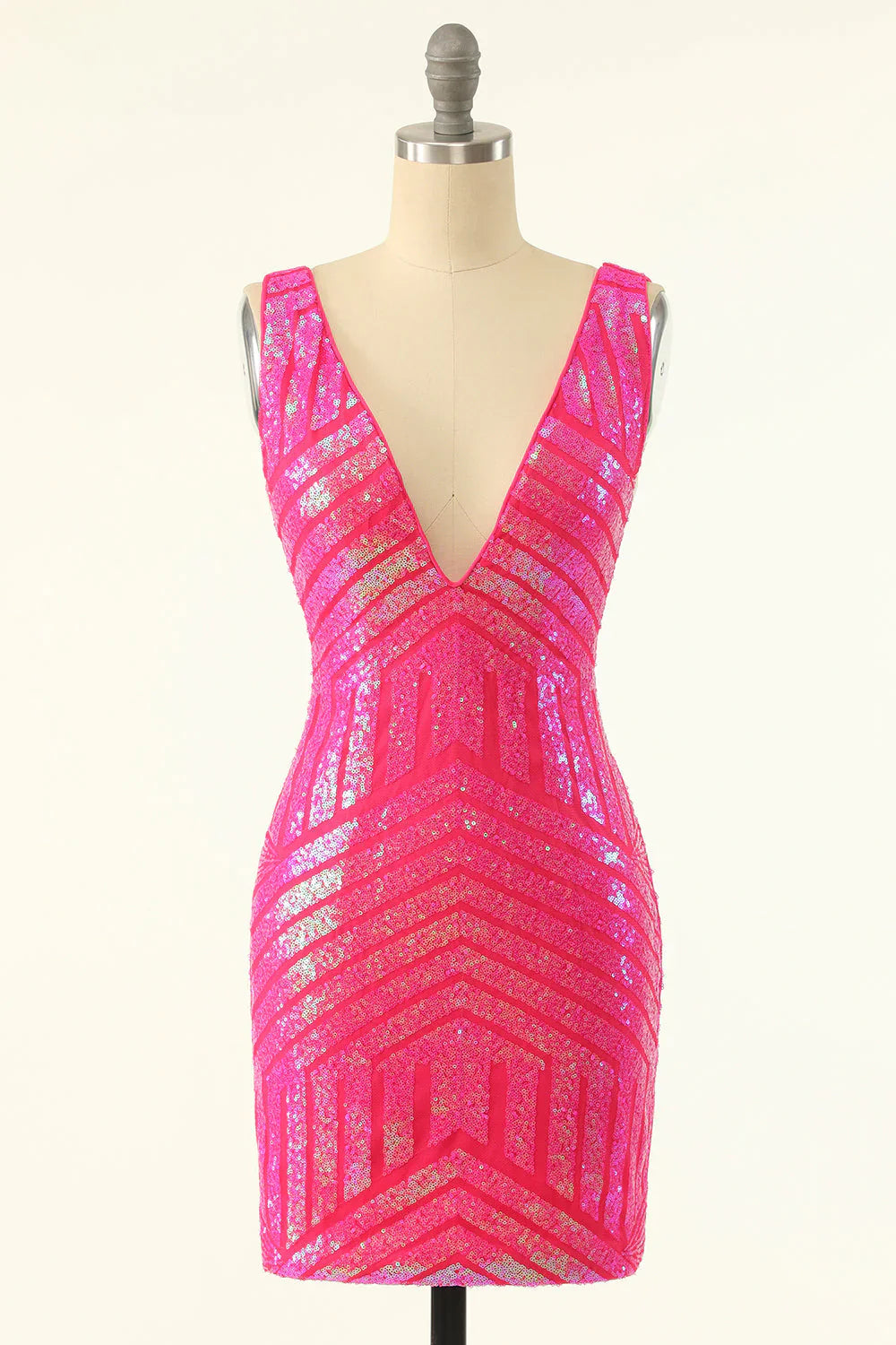 Sheath Sparkles V Neck Hot Pink Sequins Short Homecoming Dress - Fashionpara