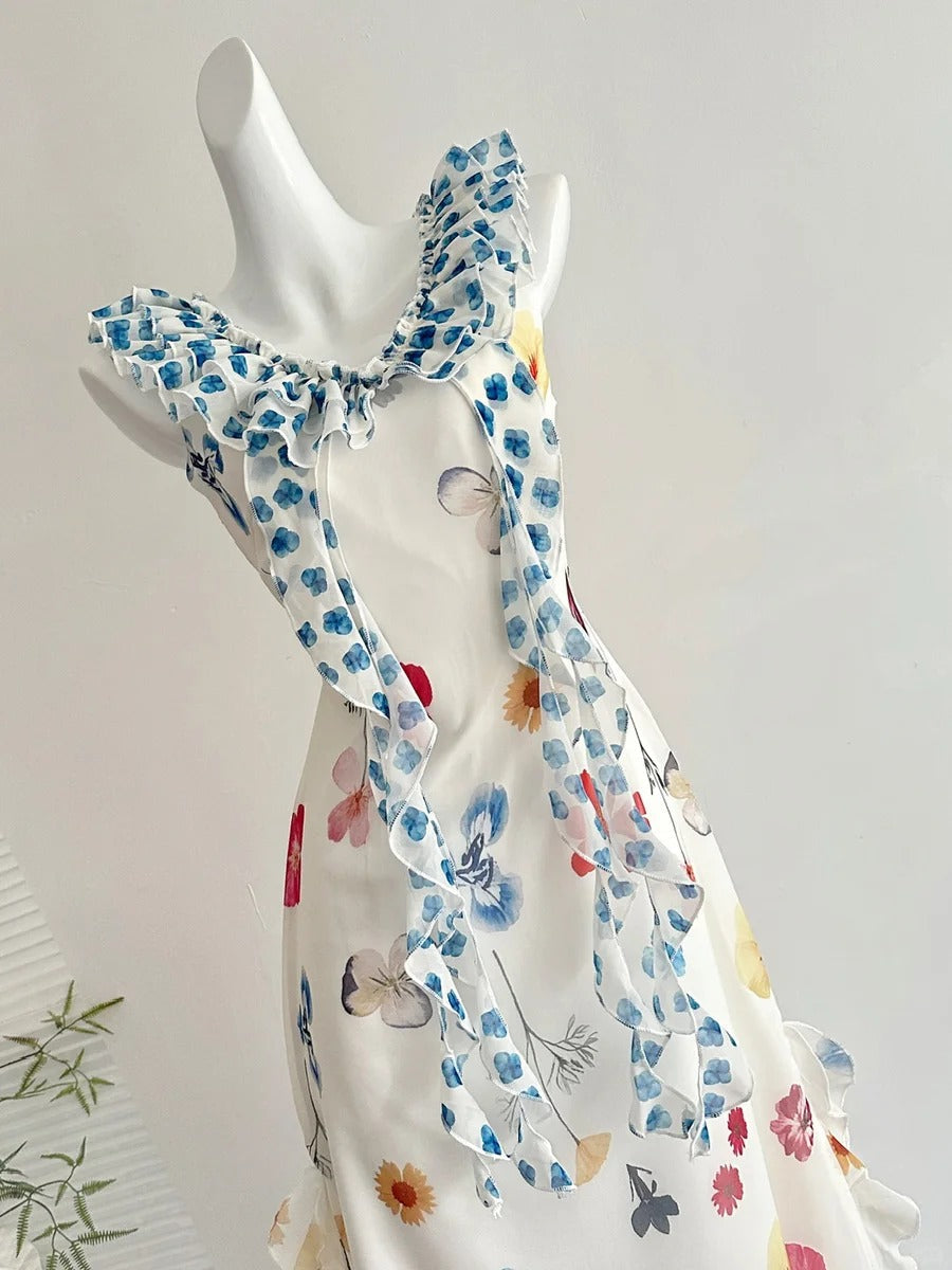 Fresh White Background Colorful Floral V-neck Ruffle Waist Chiffon Long Prom Dress Evening Dress P4001