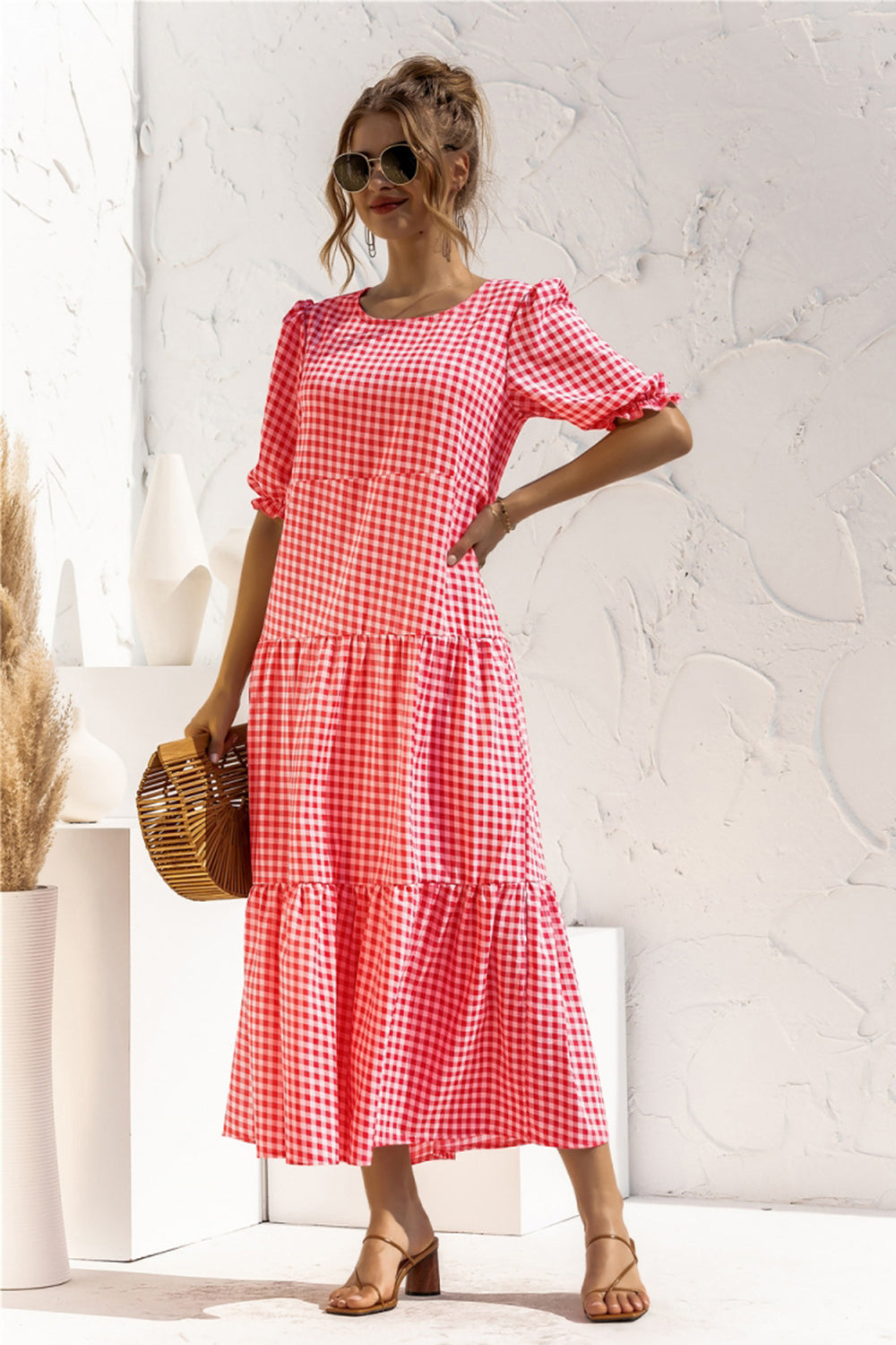 Puff Sleeve Polka Dot Plaid Patchwork Long Dress - Fashionpara