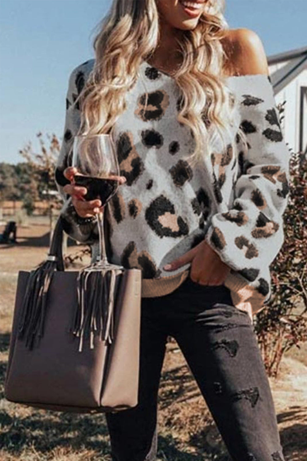 RadyRin One-Shoulder Loose Leopard Print Sweater