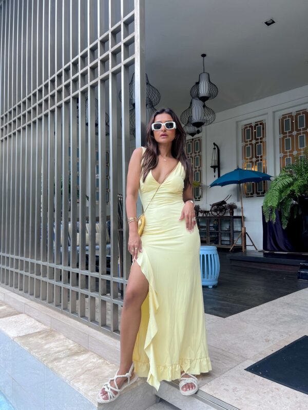 Satin V-Neck Strappy Side-Slit Ruffle-Hem Maxi Dress