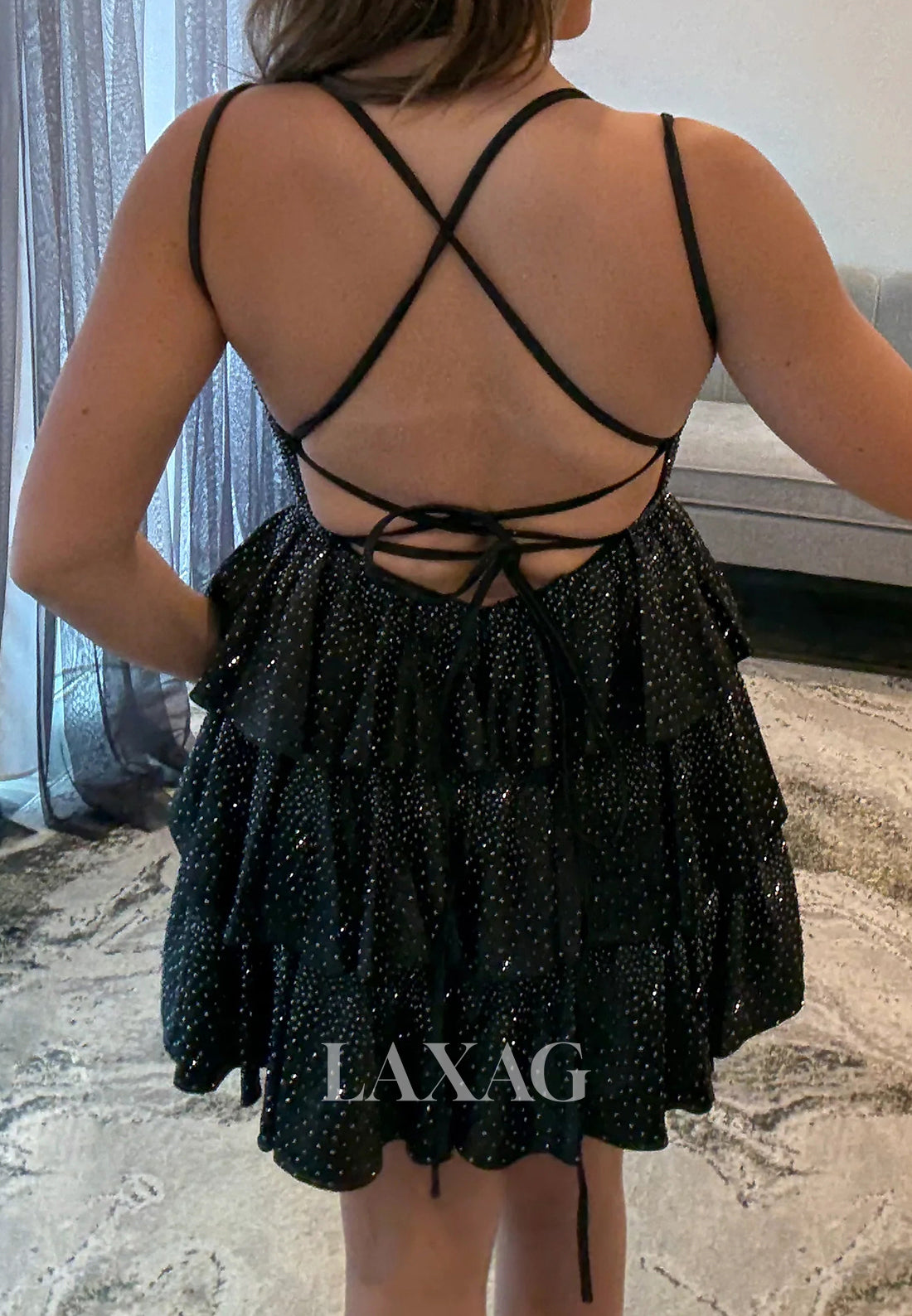 V-Neck Spaghetti Straps Fully Beaded Pleated Satin Tiered A-Line Party Homecoming Dress