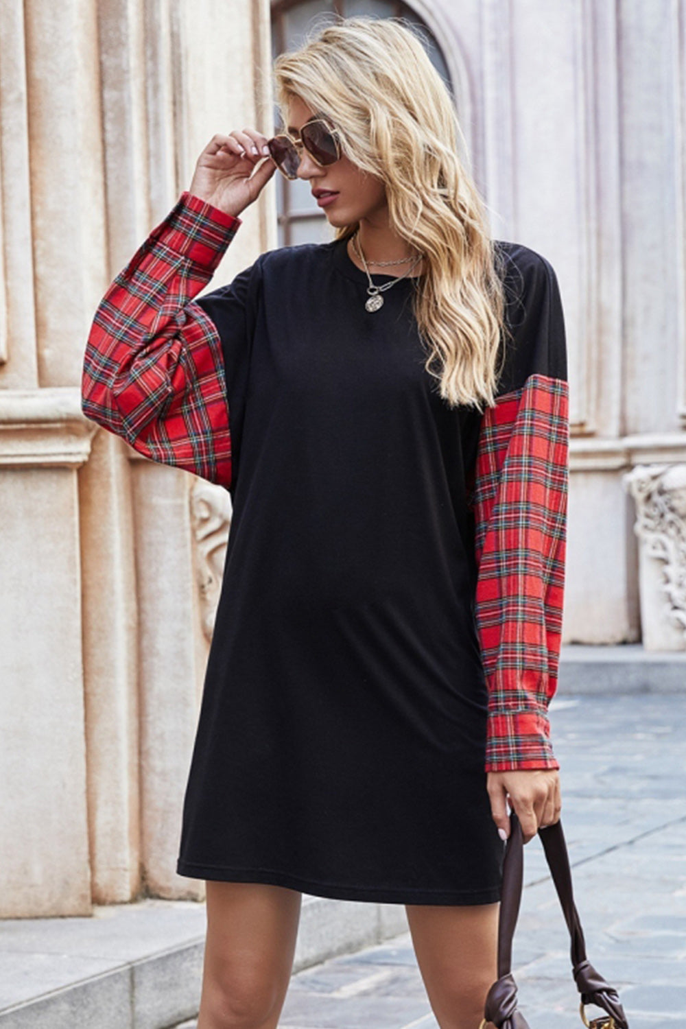 Round Neck Stitching Plaid Sweater Dress - Fashionpara