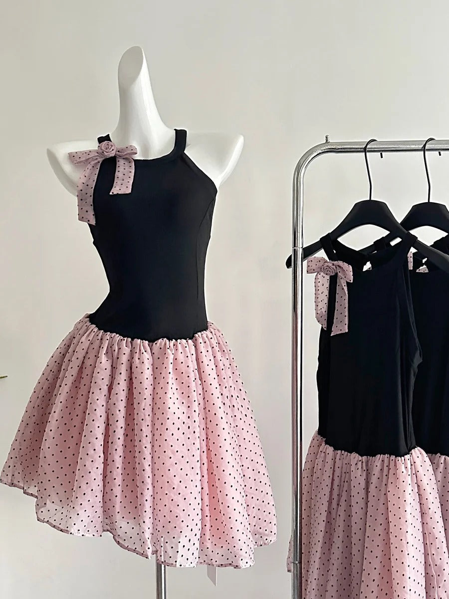 Sweet Black And Pink Polka Dot Halter Neck Chiffon Short Birthday Party Homecoming Dress P3989
