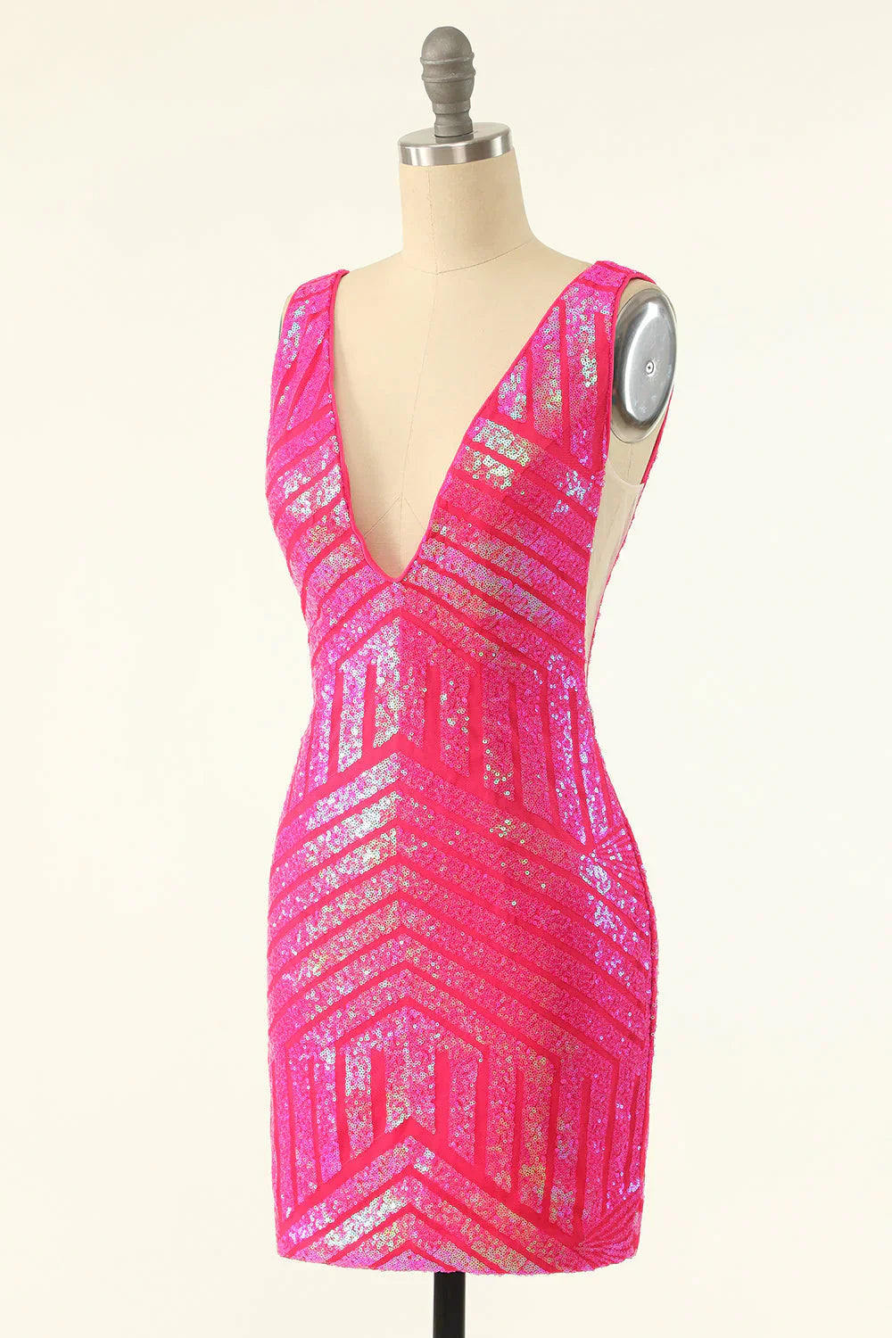 Sheath Sparkles V Neck Hot Pink Sequins Short Homecoming Dress - Fashionpara