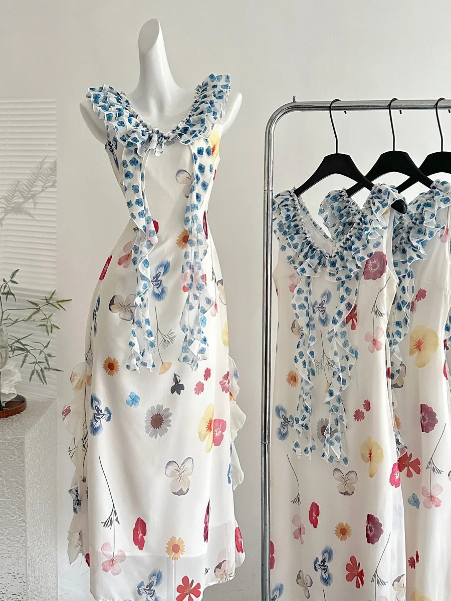 Fresh White Background Colorful Floral V-neck Ruffle Waist Chiffon Long Prom Dress Evening Dress P4001