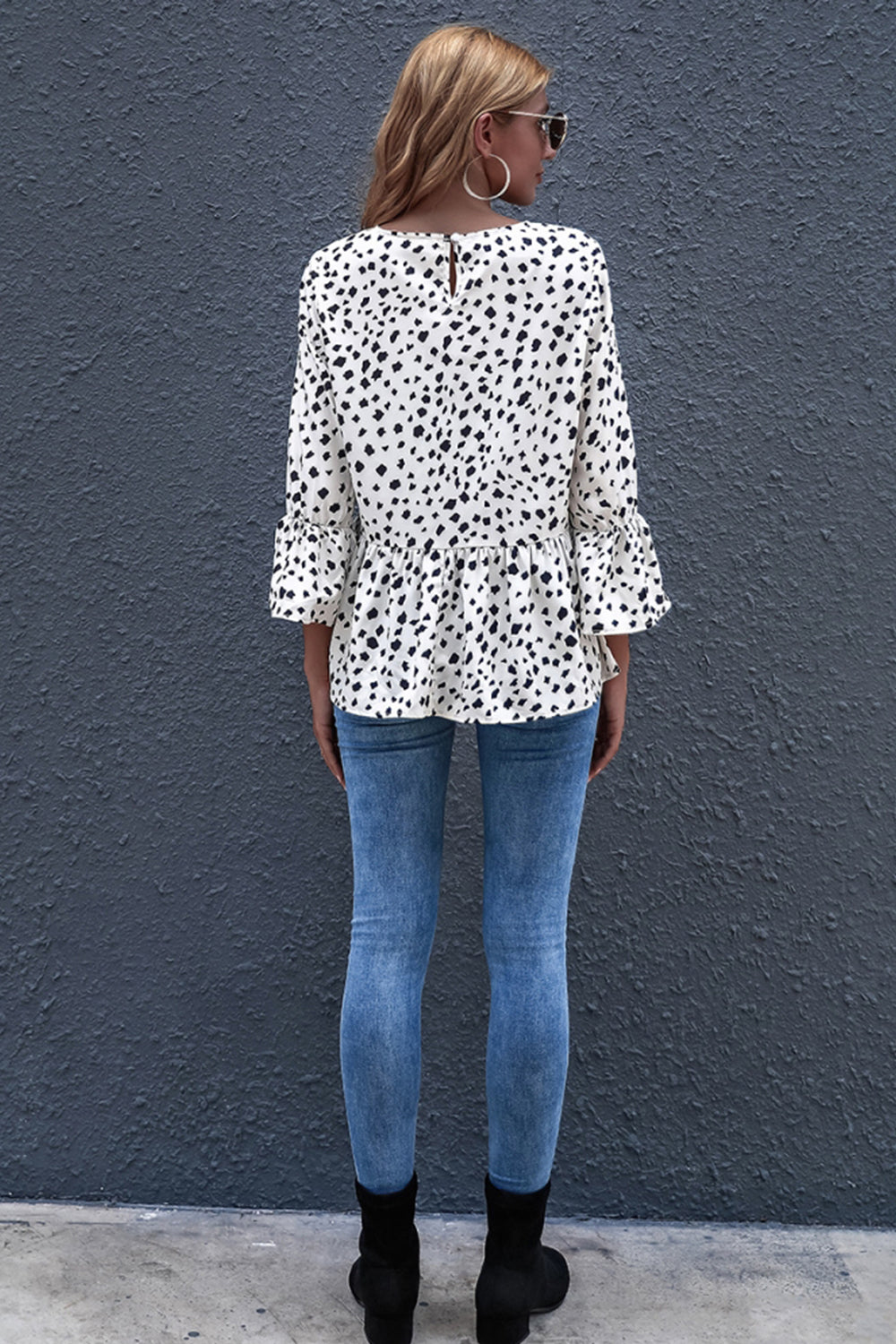 Black-dot Print Round Neck Loose Ruffled Top