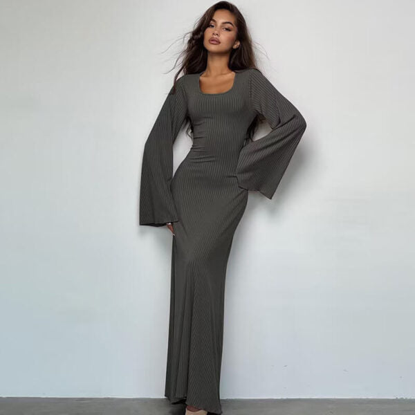 Ribbed Scoop-Neck Flared-Sleeve Column Maxi Dress 2