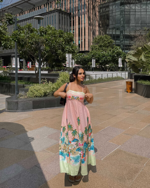 Scenic Floral-Print Strappy A-Line Maxi Dress